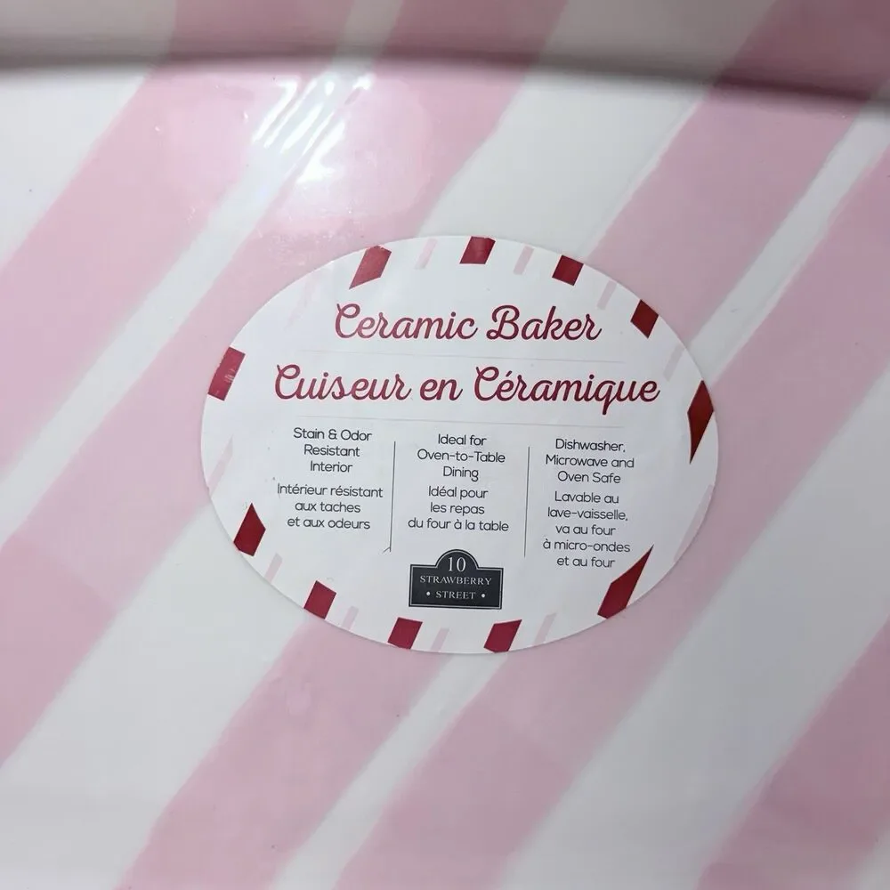 Strawberry Street Pink/White Striped Ceramic Baker Rectangular Baking Dish NEW